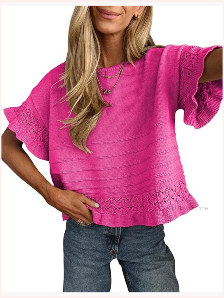 Short Sleeve Sweater Round Neck Ruffled Hem Knit Crochet Pullover Summer Casual